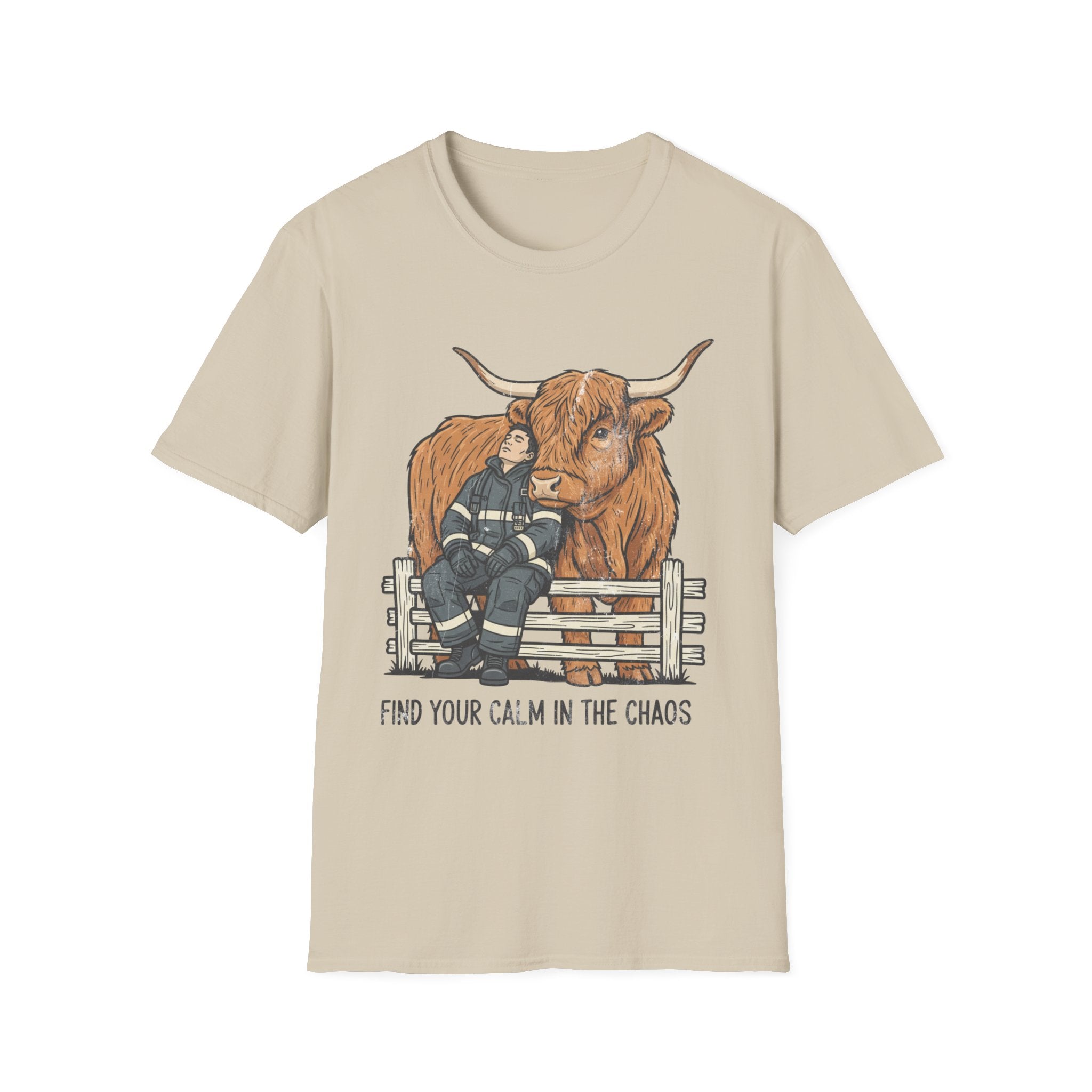 Firefighter highland cow "Find Your Calm in the Chaos" T-Shirt