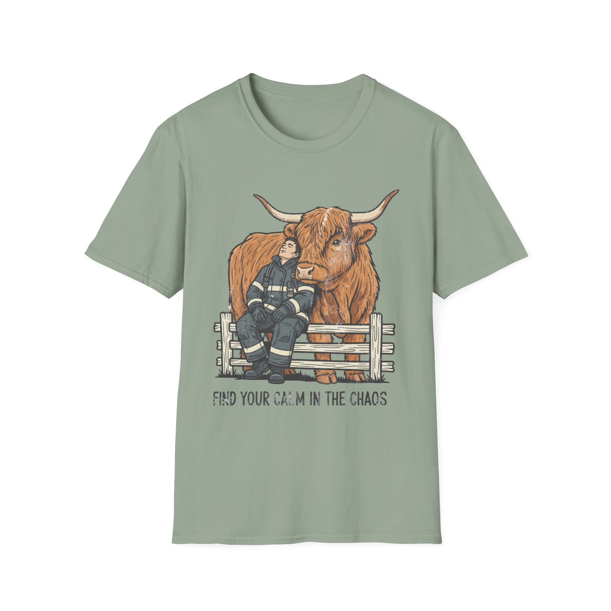 Firefighter highland cow "Find Your Calm in the Chaos" T-Shirt