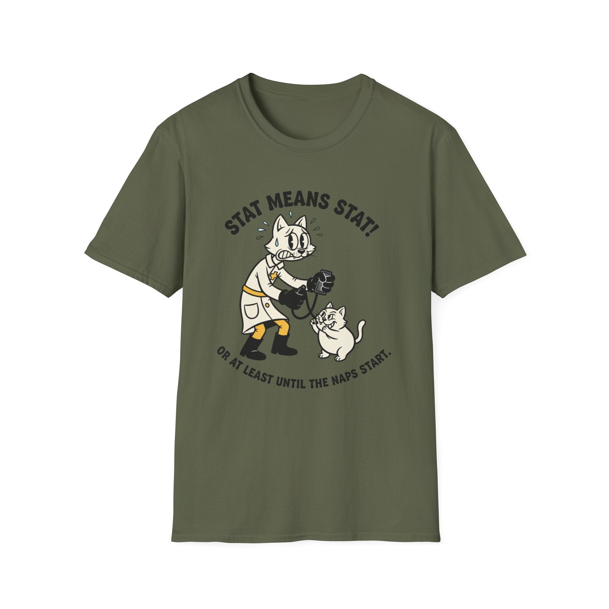 EMS Cat "STAT means STAT! or at least until naps start" T-Shirt
