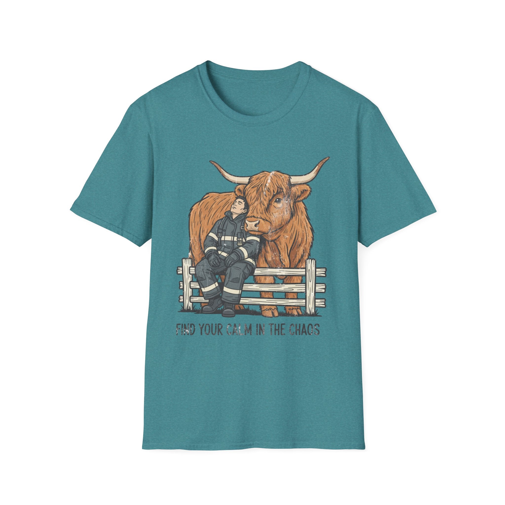 Firefighter highland cow "Find Your Calm in the Chaos" T-Shirt